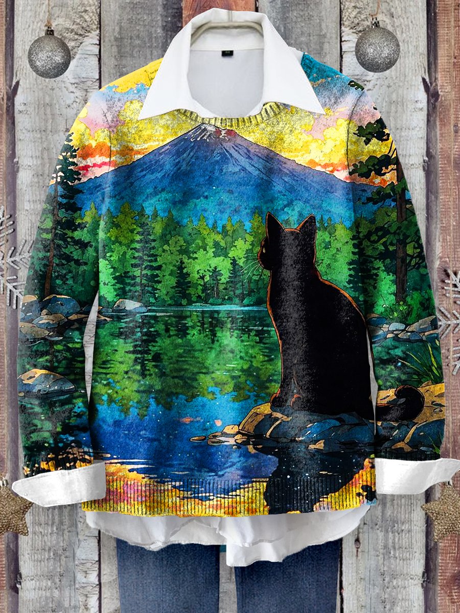 Cute Cat Art Print Knit Pullover Sweater