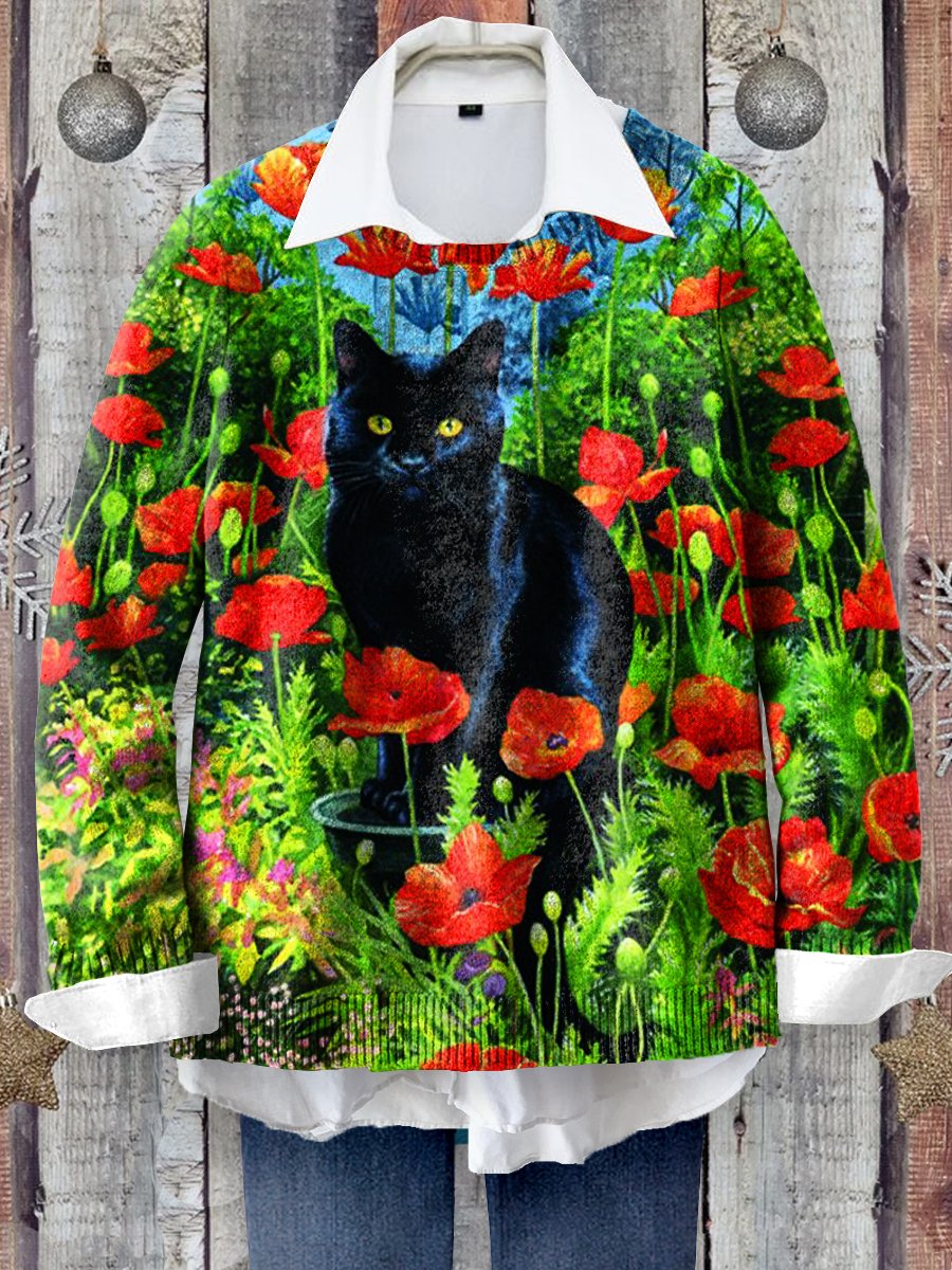 Cute Cat Art Print Knit Pullover Sweater