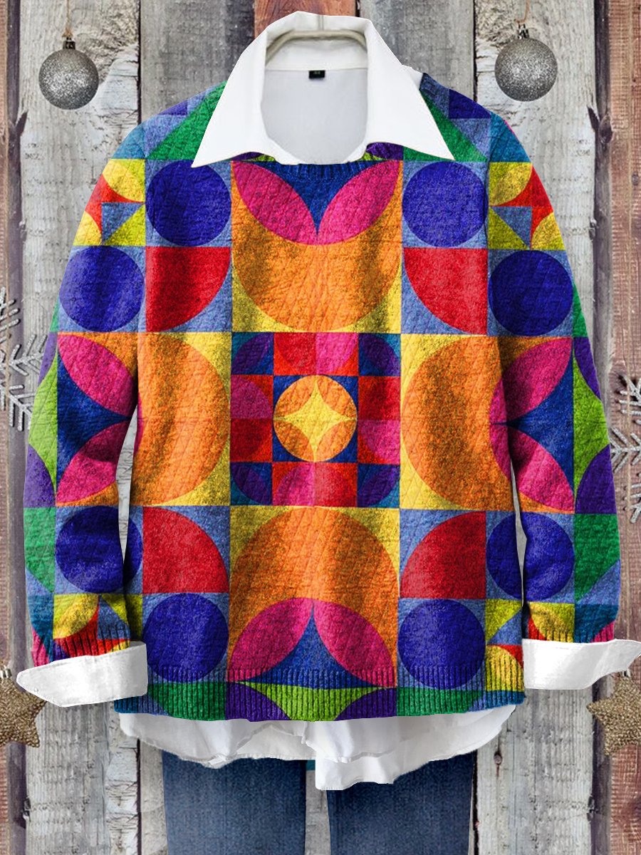 Multicolor Cotton Patchwork Pattern Art Print Knit Pullover Sweater