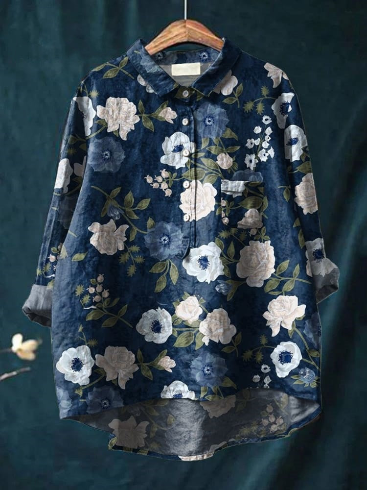 Women's Floral Art Print Casual Cotton And Linen Shirt