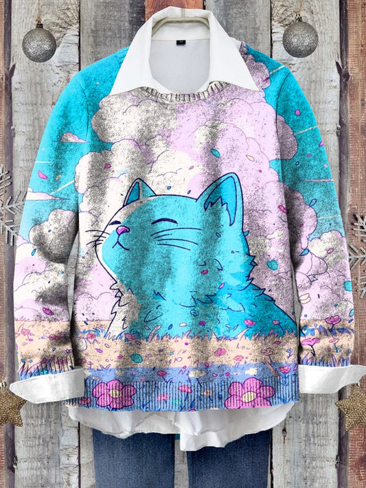 Colorful Cat Art Print Knit Pullover Sweater