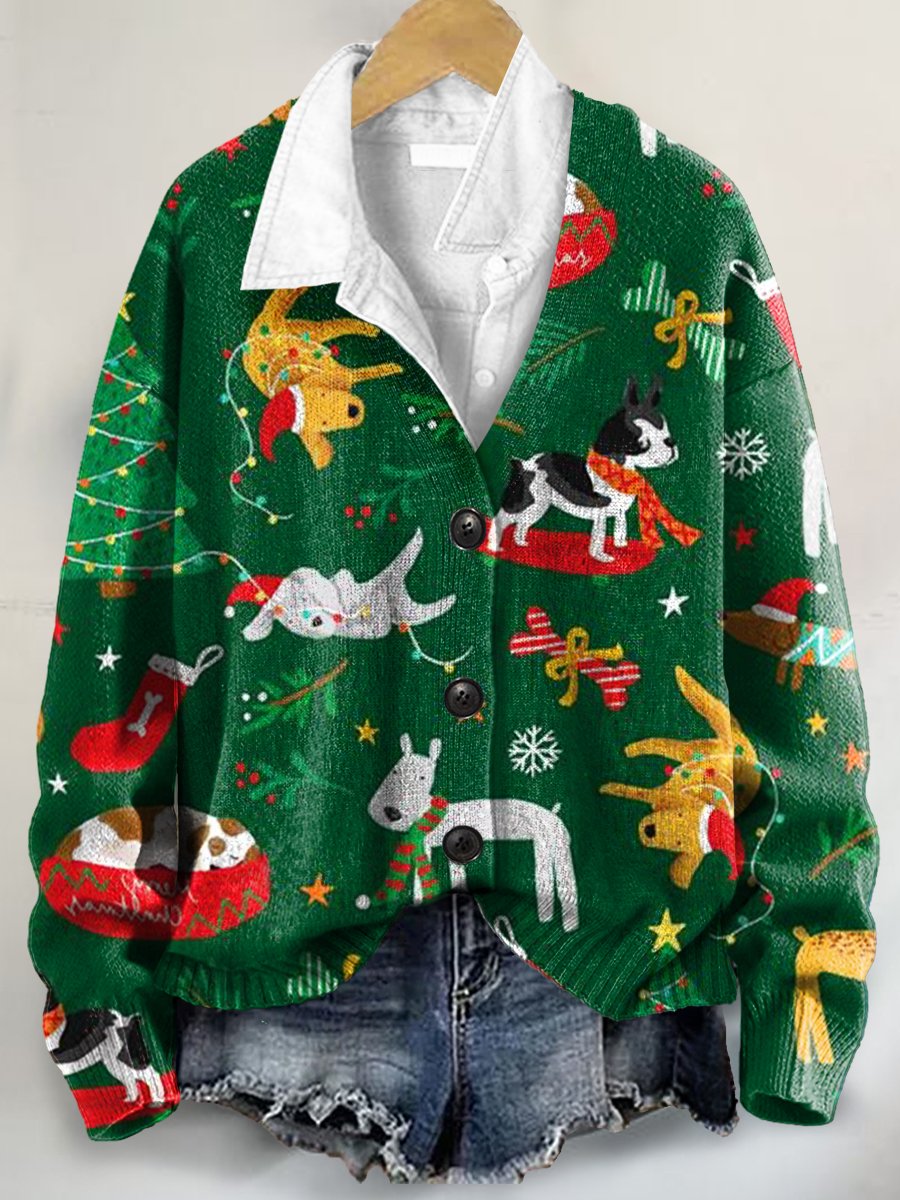 Christmas Dog Art Print Buttoned V-neck Cardigan Sweater