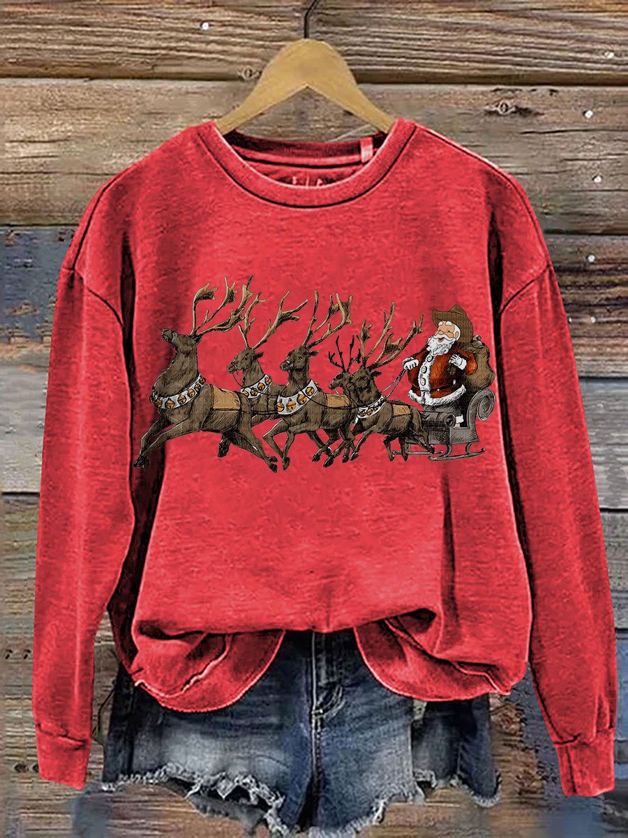 Cowboy Santa Claus with Reindeer Christmas Western Casual Print Sweatshirt