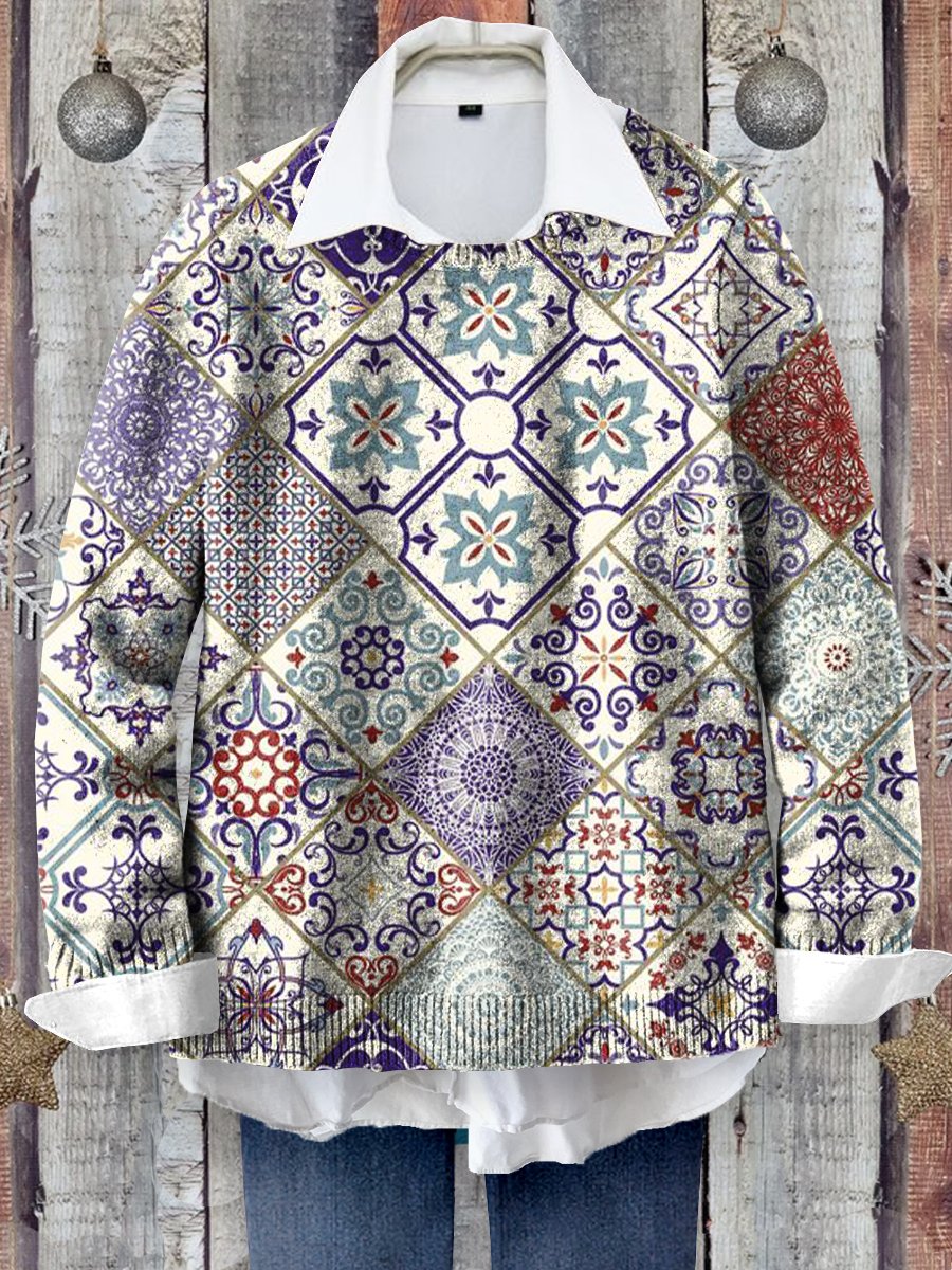 Retro Ethnic Pattern Art Print Knit Pullover Sweater