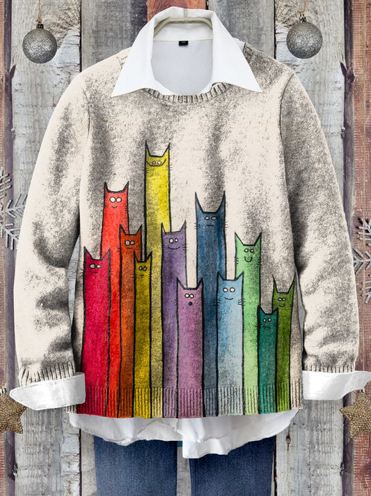 Colorful Cat Art Print Knit Pullover Sweater