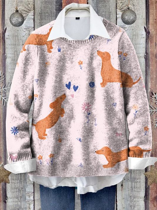 Lovely Dachshund Art Print Knit Pullover Sweater