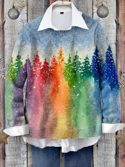 Rainbow Christmas Tree Art Print Knit Pullover Sweater