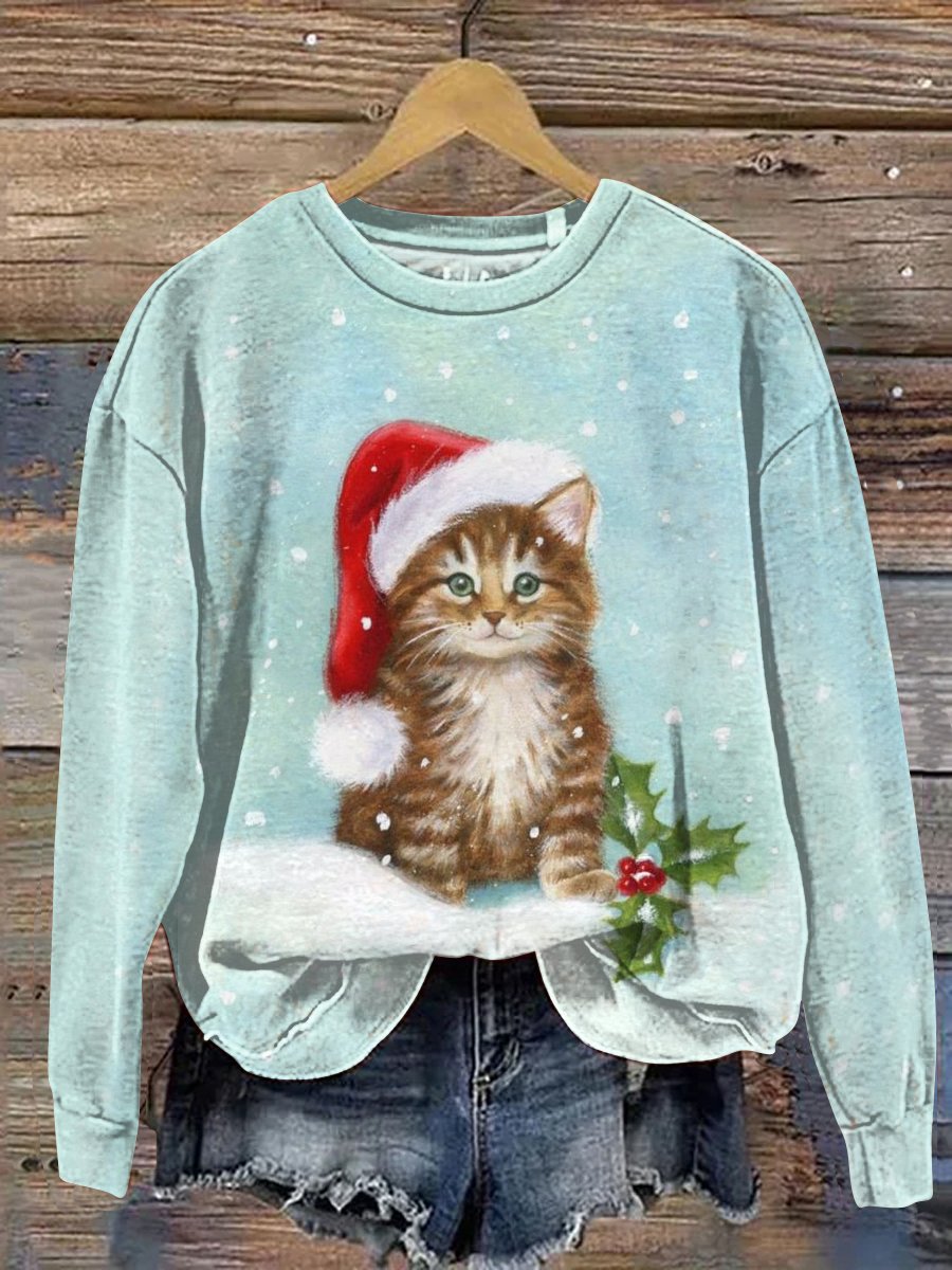 Christmas Cat Art Print Casual Sweatshirt