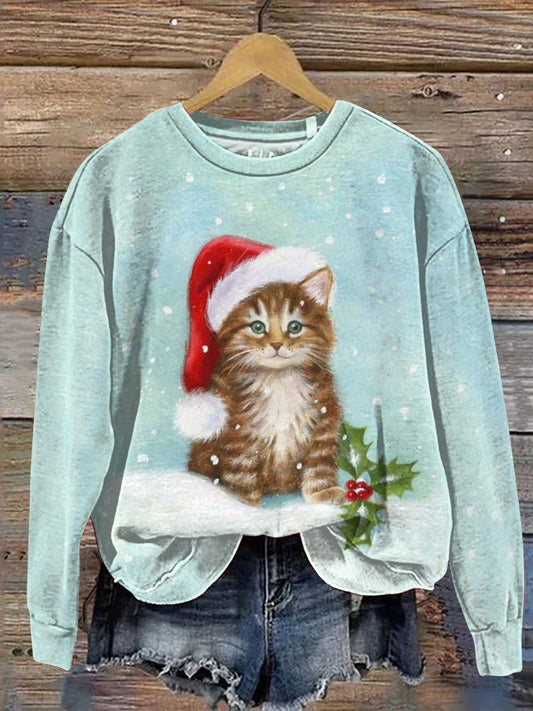 Christmas Cat Art Print Casual Sweatshirt