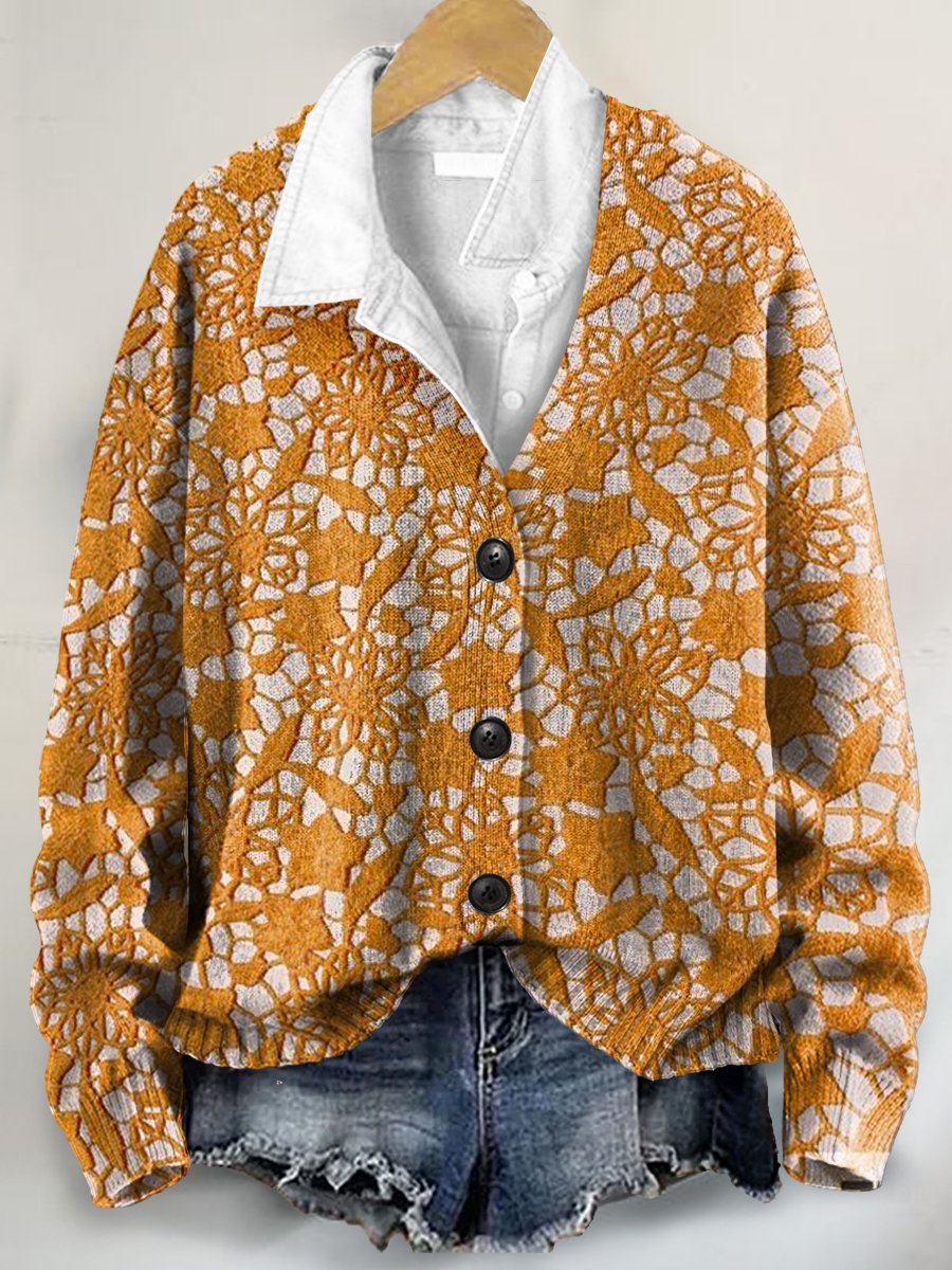 Vintage Lace Floral 3D Art Print Buttoned V-neck Cardigan Sweater