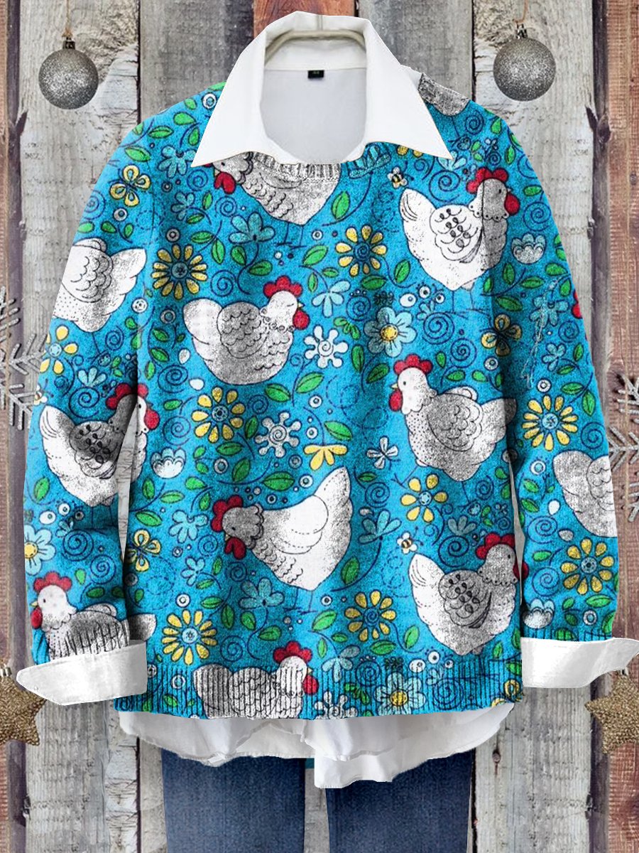 Cute Chicken Art Print Knit Pullover Sweater