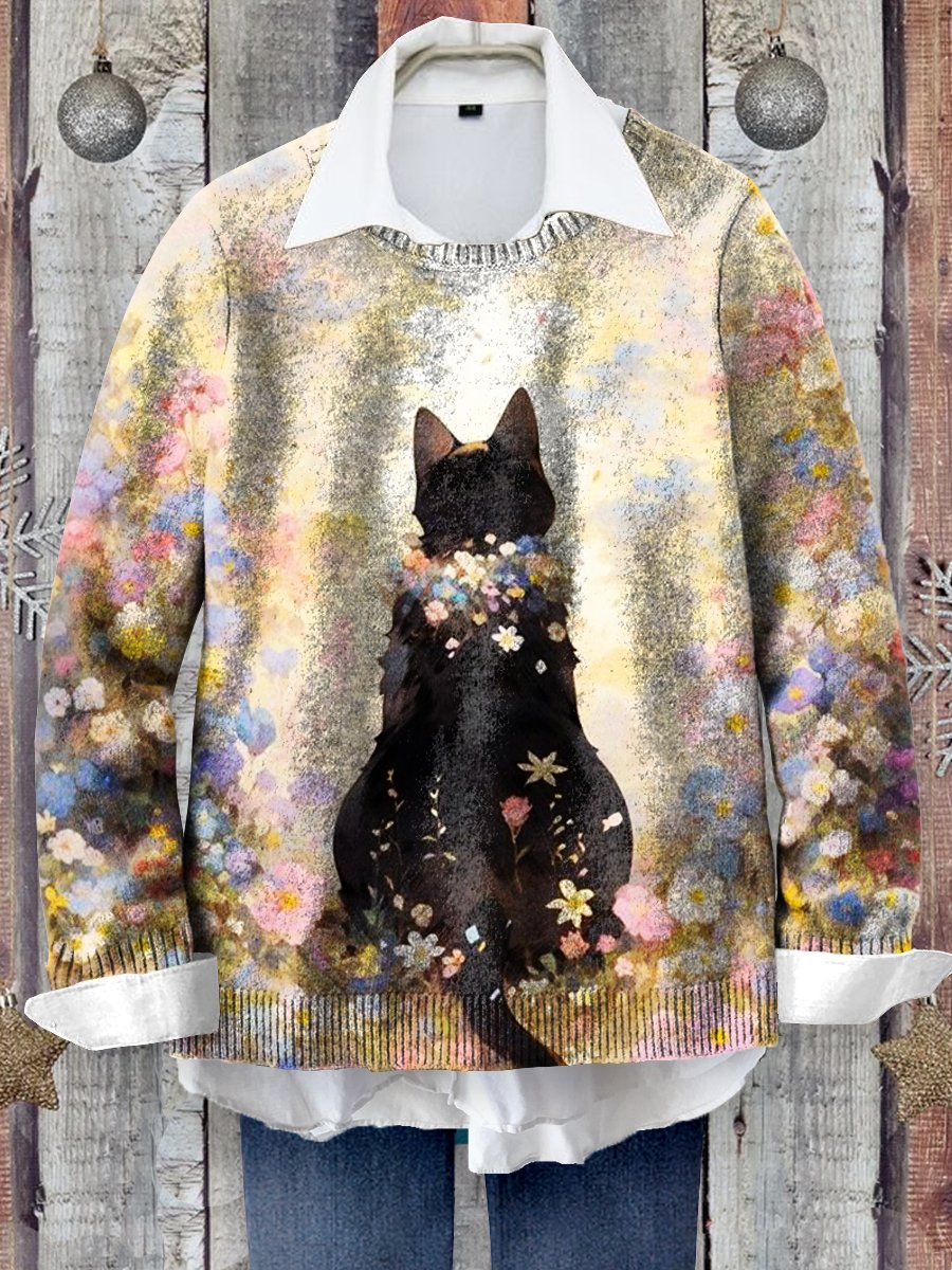 Cat Walking Among Flowers Art Print Knit Pullover Sweater