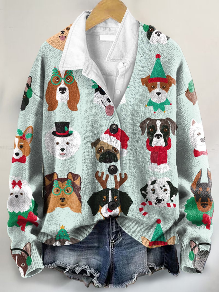 Christmas Dog Art Print Buttoned V-neck Cardigan Sweater