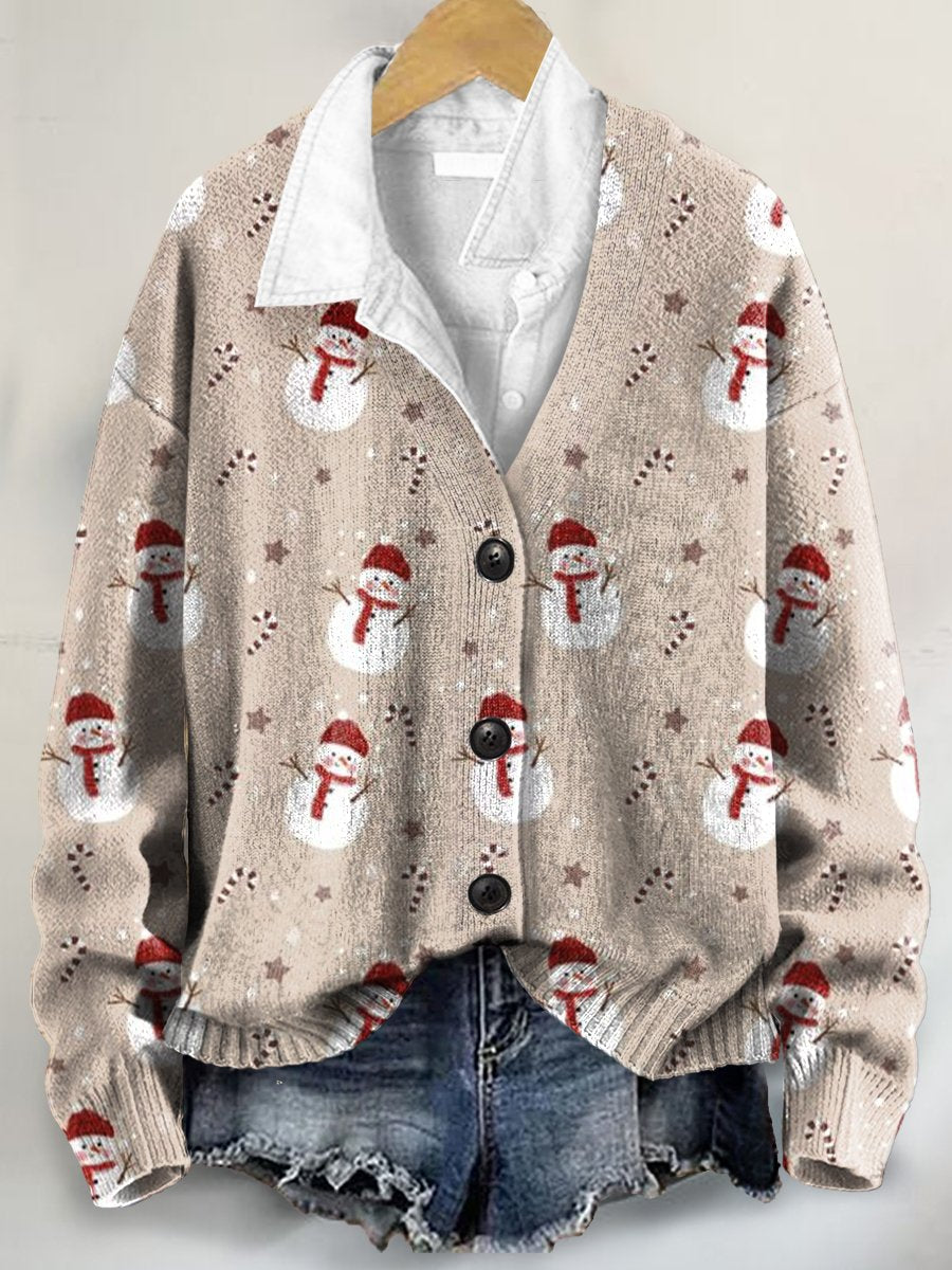 Christmas Snowman Art Print Buttoned V-neck Cardigan Sweater