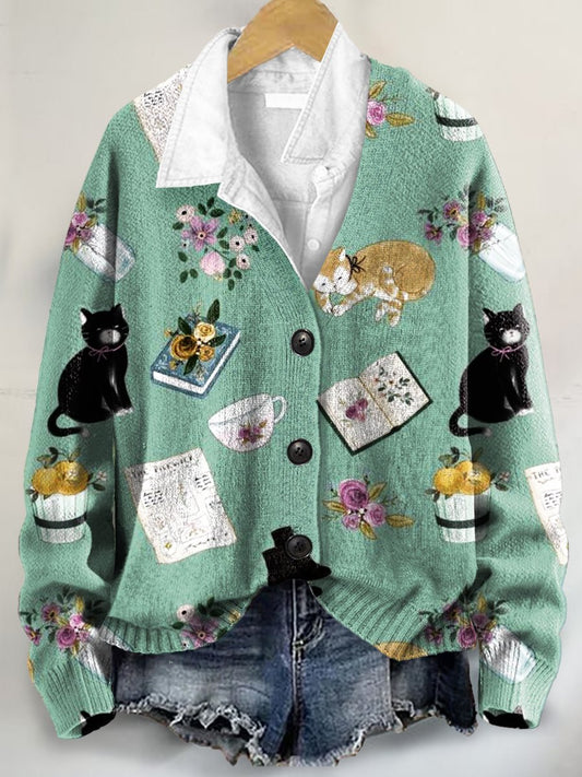 Cute Cat Art Print Buttoned V-neck Cardigan Sweater