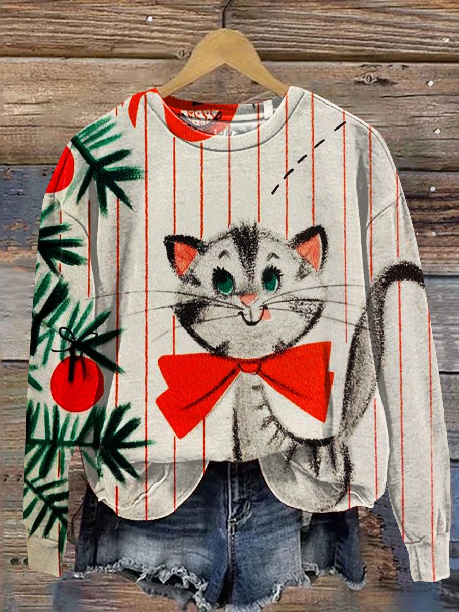 Christmas Cute Cat Art Print Casual Sweatshirt