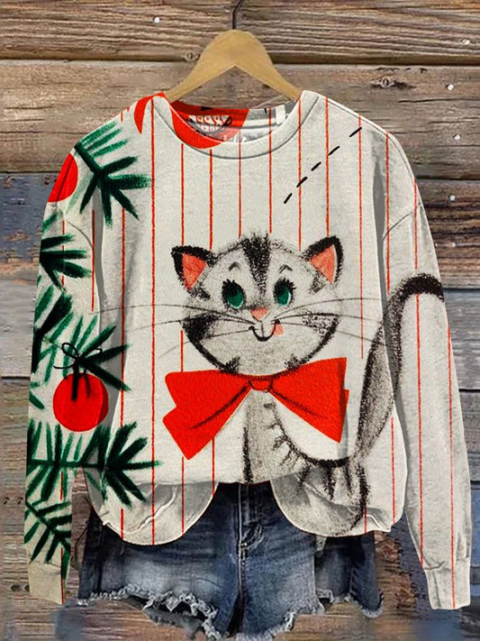 Christmas Cute Cat Art Print Casual Sweatshirt