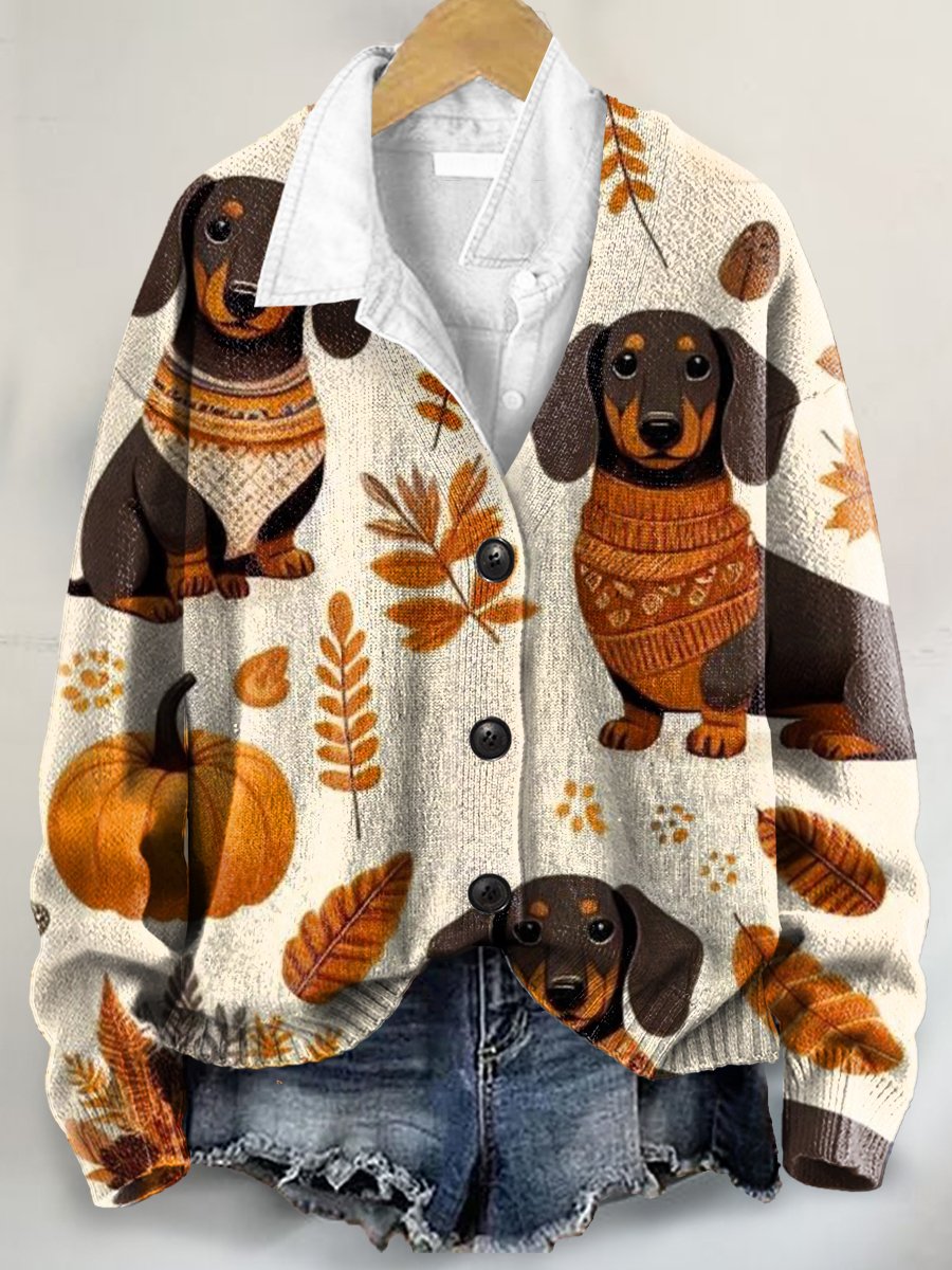 Autumn Leaves And Dachshunds Art Print Buttoned V-neck Cardigan Sweater