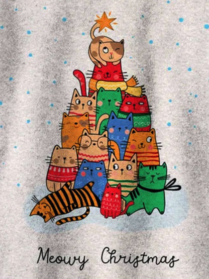 Cute Cat Christmas Tree Print Knit Pullover Sweater