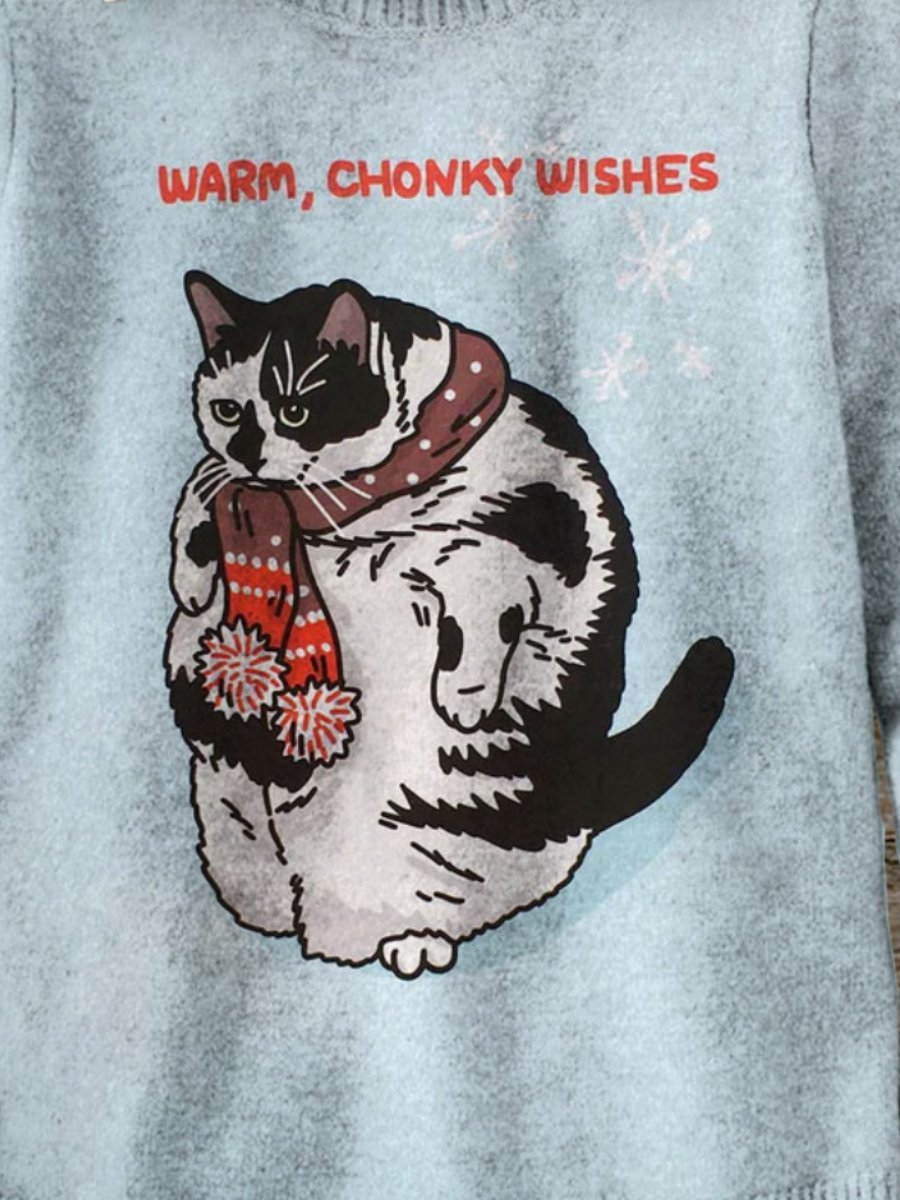 Cute Fat Cat Christmas Art Print Knit Pullover Sweater