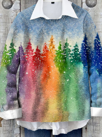 Rainbow Christmas Tree Art Print Knit Pullover Sweater